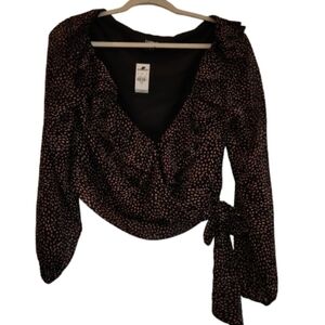 NWT Express Brown/Black/Pink Ruffle Neck Faux Wrap Side Tie Crop Top Size M